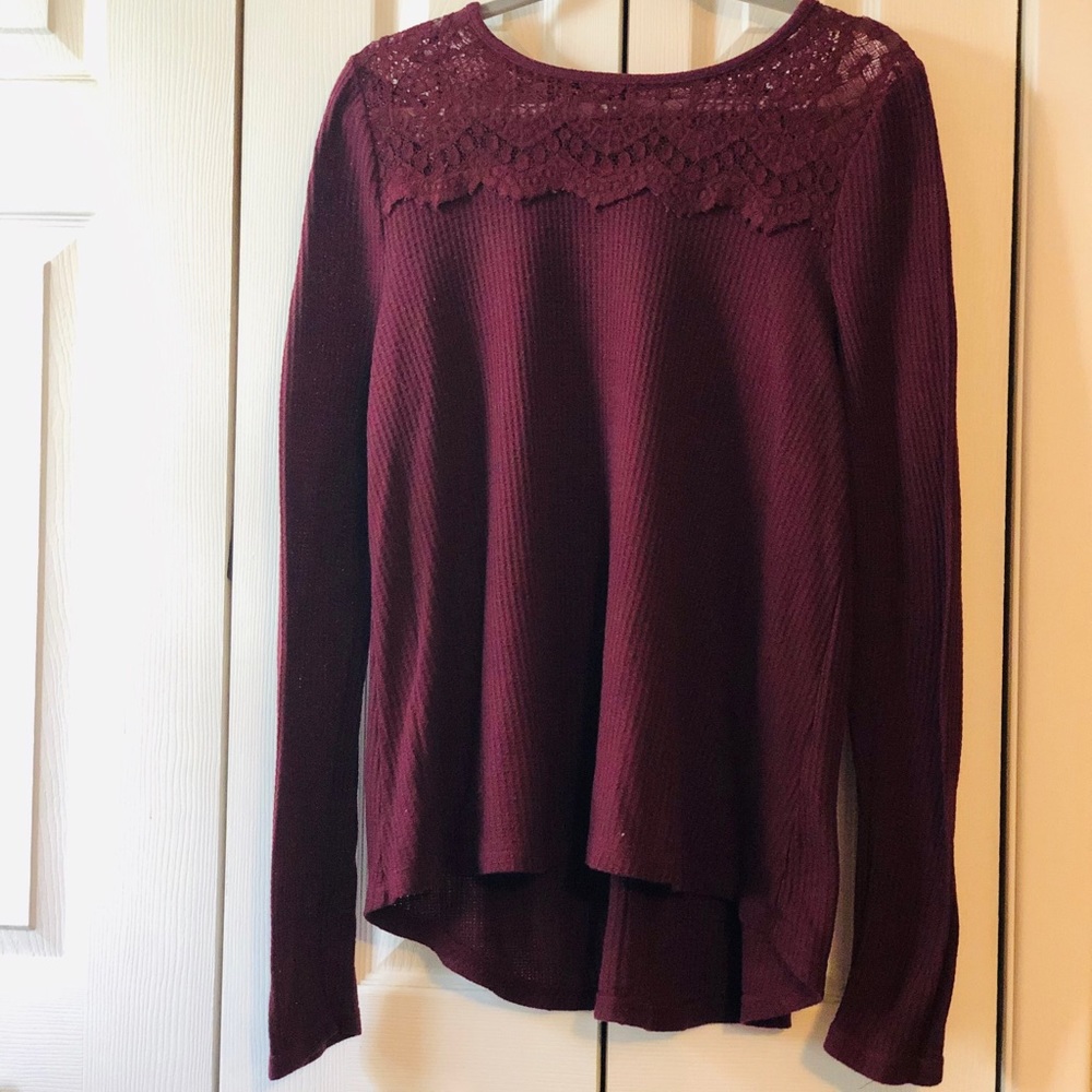 Lucky Brand wine lace waffle knit long sleeved top